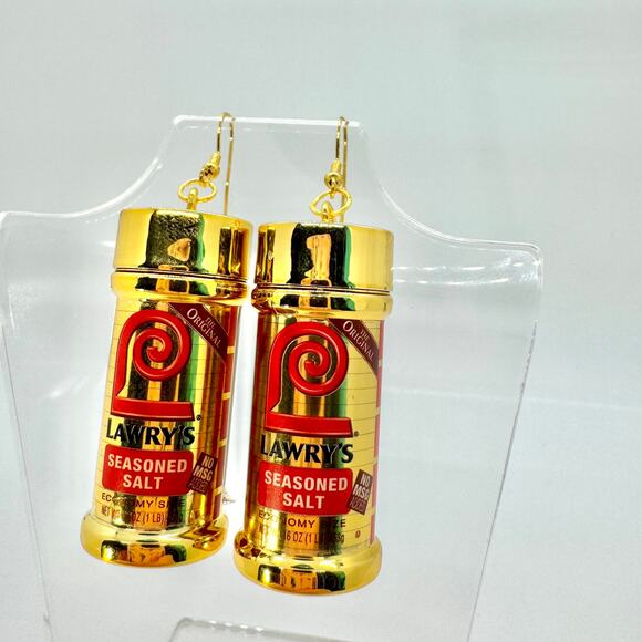 Handmade Jewelry - Gold Lawry’s Seasoning Earrings - Metallic Spice Dangles - Bold Foodcore Flair